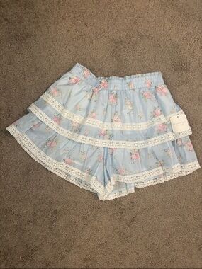 Altar'd State Light Blue Floral Lace-Trim Skort Shorts